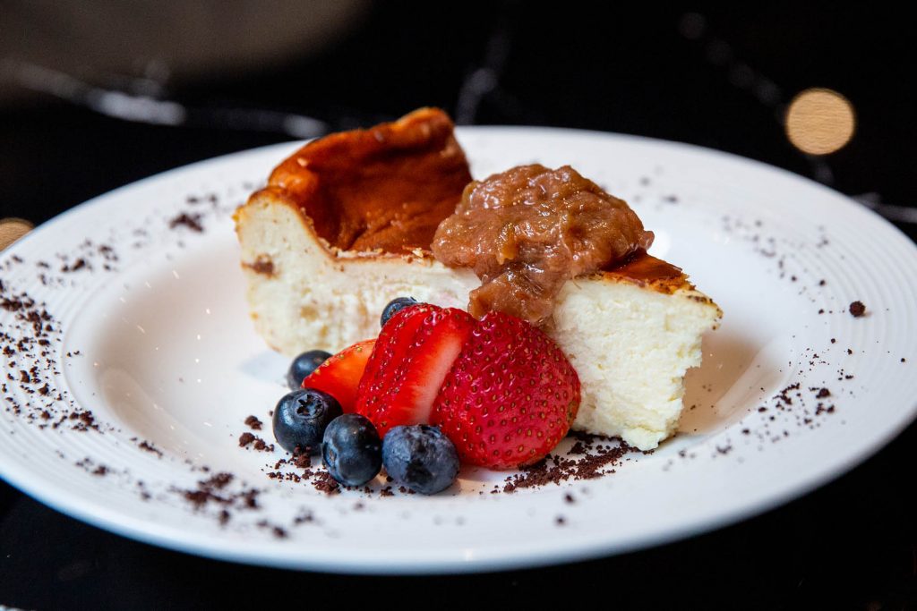 Cheesecake with Preserved Rhubard & Chocolate Crumble